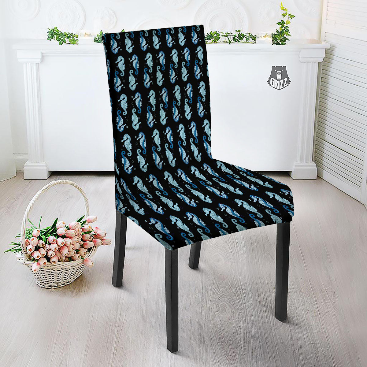 Seahorse Blue Print Pattern Dining Chair Slipcover-grizzshop