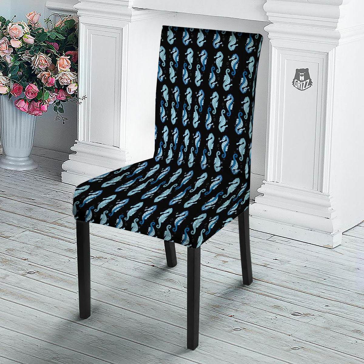 Seahorse Blue Print Pattern Dining Chair Slipcover-grizzshop