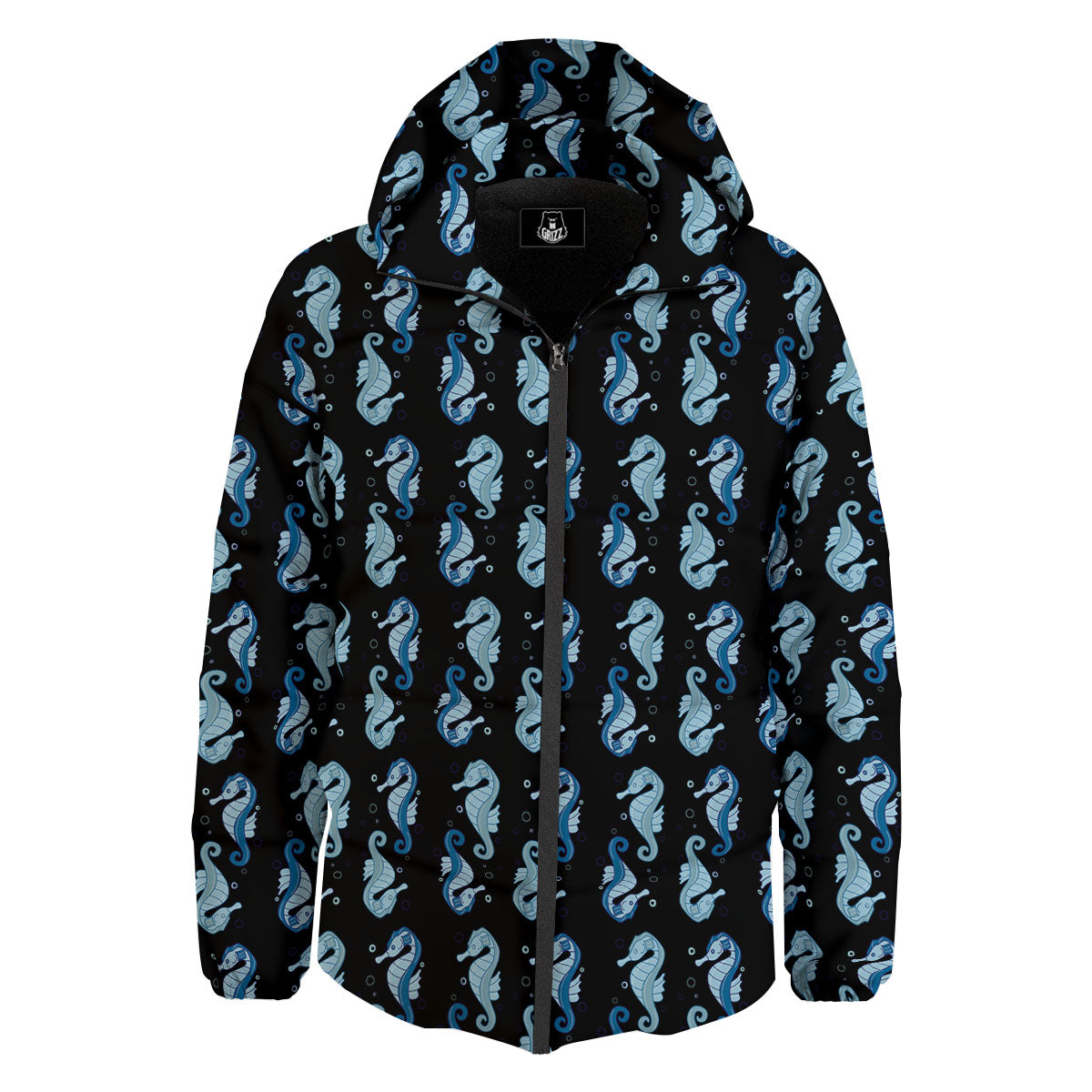 Seahorse Blue Print Pattern Down Jacket-grizzshop