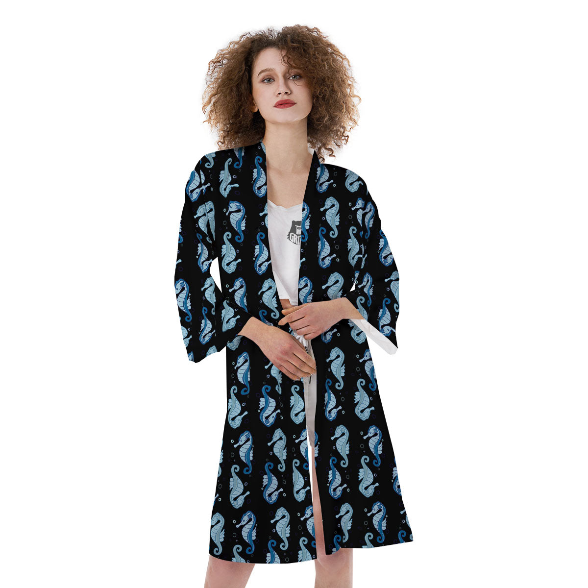 Seahorse Blue Print Pattern Kimono-grizzshop