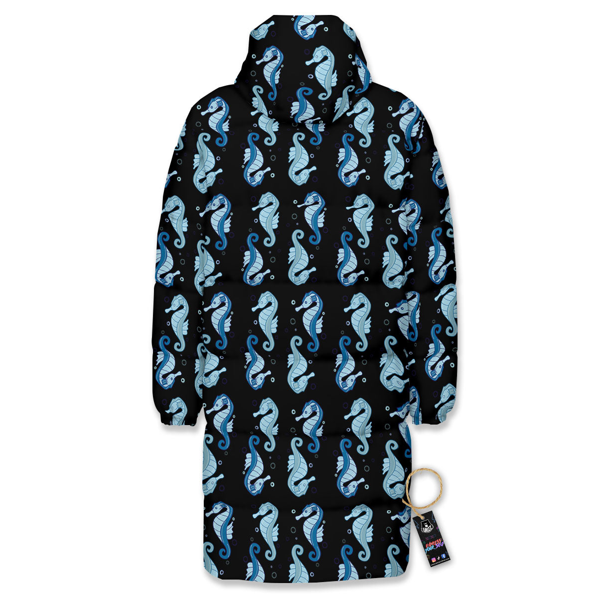Seahorse Blue Print Pattern Long Down Jacket-grizzshop