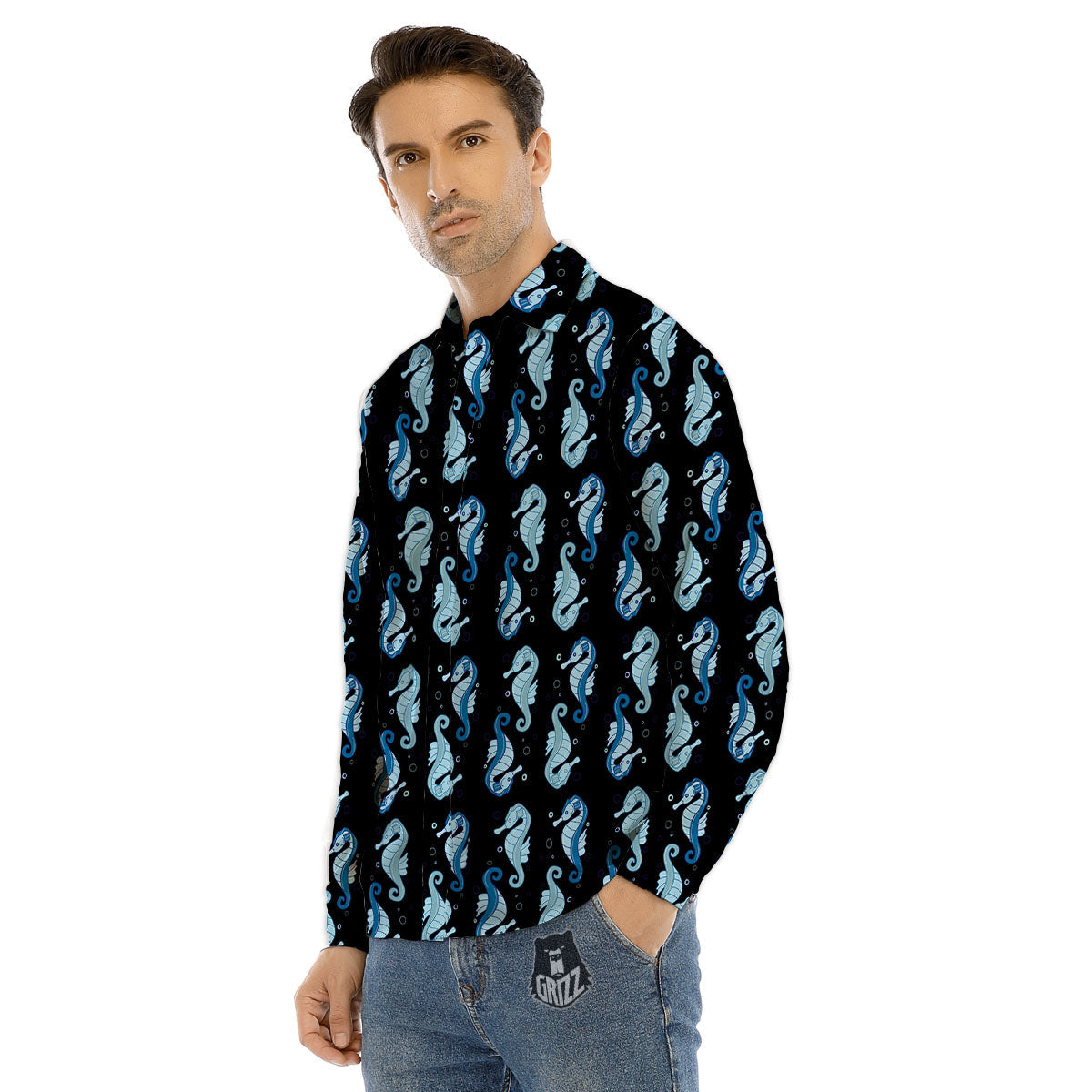 Seahorse Blue Print Pattern Men's Dress Shirts-grizzshop