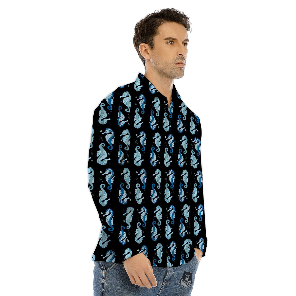 Seahorse Blue Print Pattern Men's Dress Shirts-grizzshop