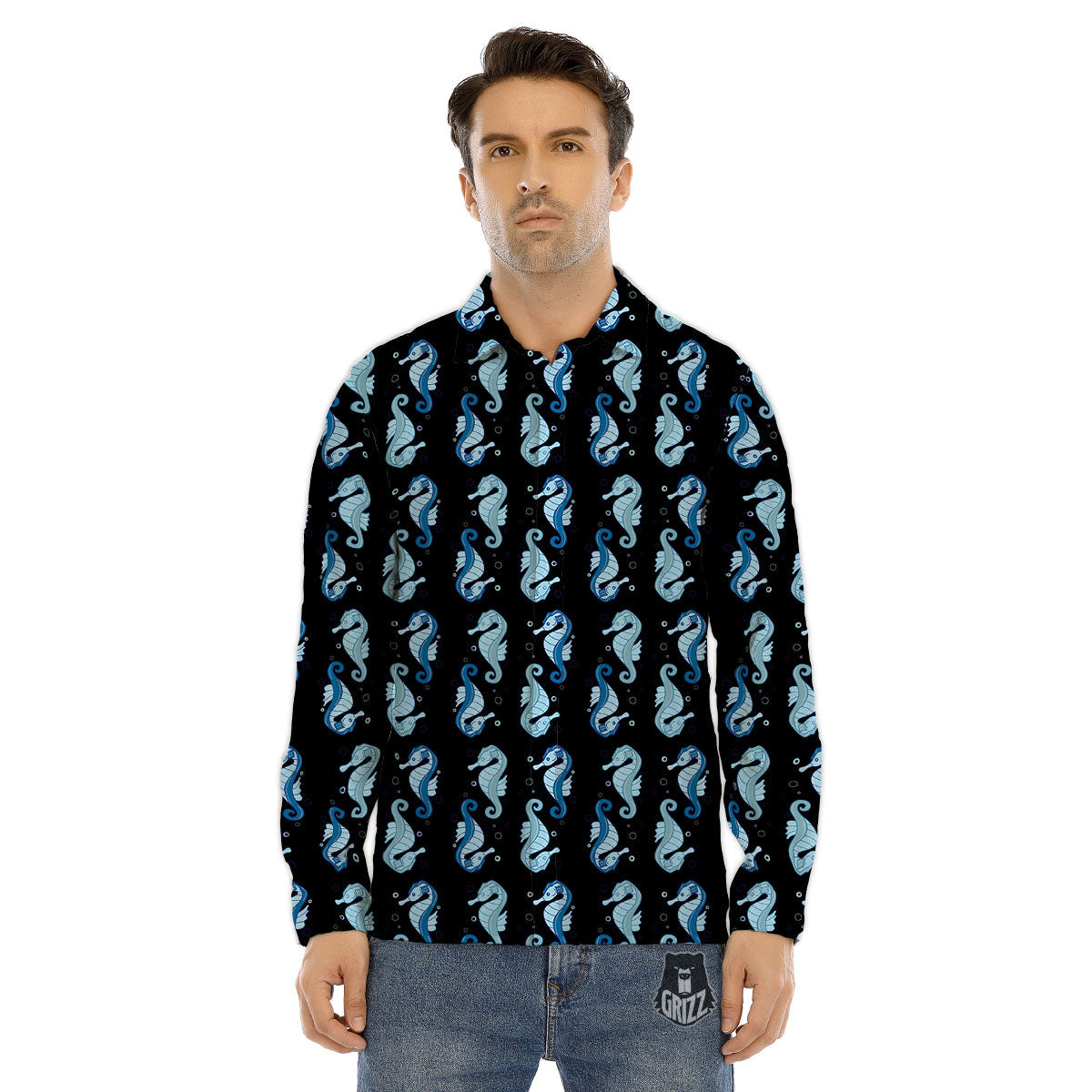 Seahorse Blue Print Pattern Men's Dress Shirts-grizzshop