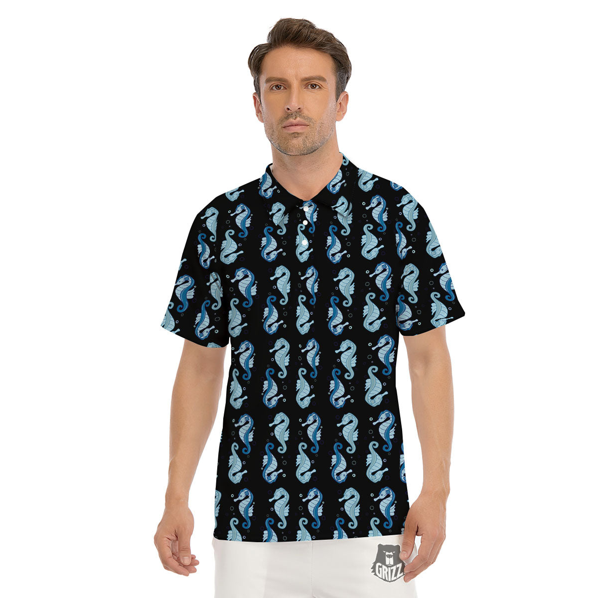 Seahorse Blue Print Pattern Men's Golf Shirts-grizzshop