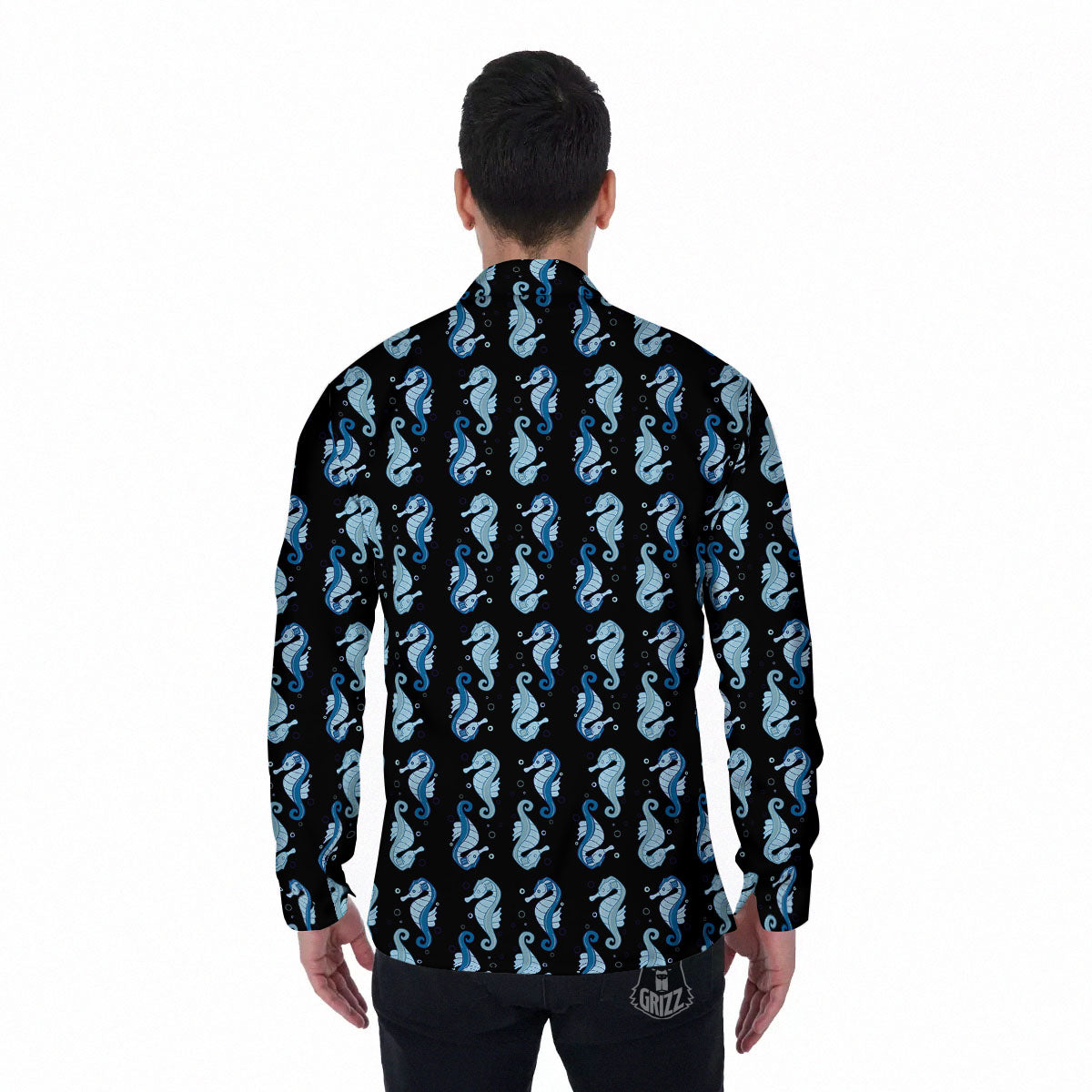 Seahorse Blue Print Pattern Men's Long Sleeve Shirts-grizzshop