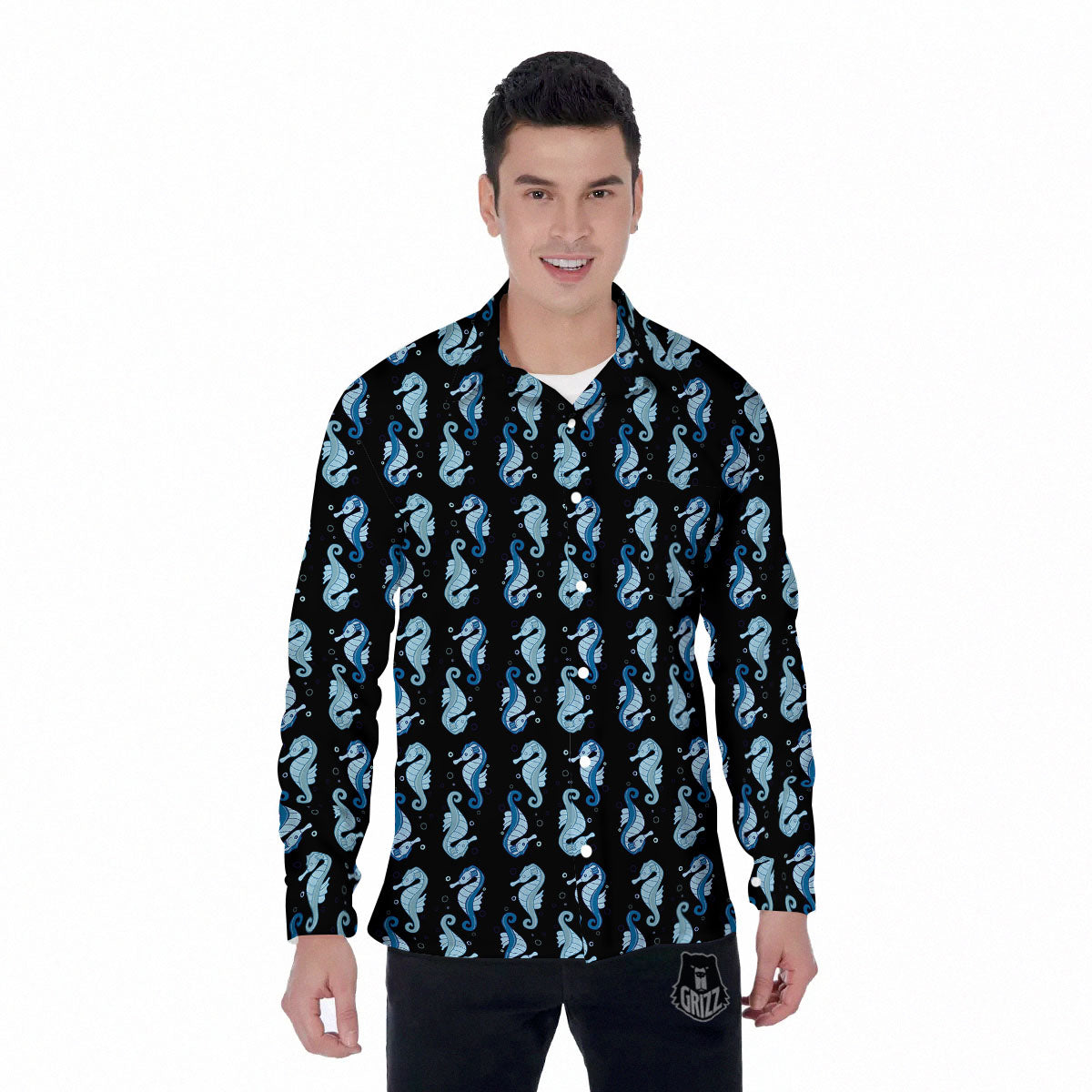 Seahorse Blue Print Pattern Men's Long Sleeve Shirts-grizzshop