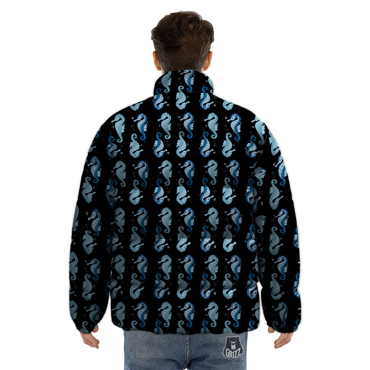 Seahorse Blue Print Pattern Puffer Jacket-grizzshop