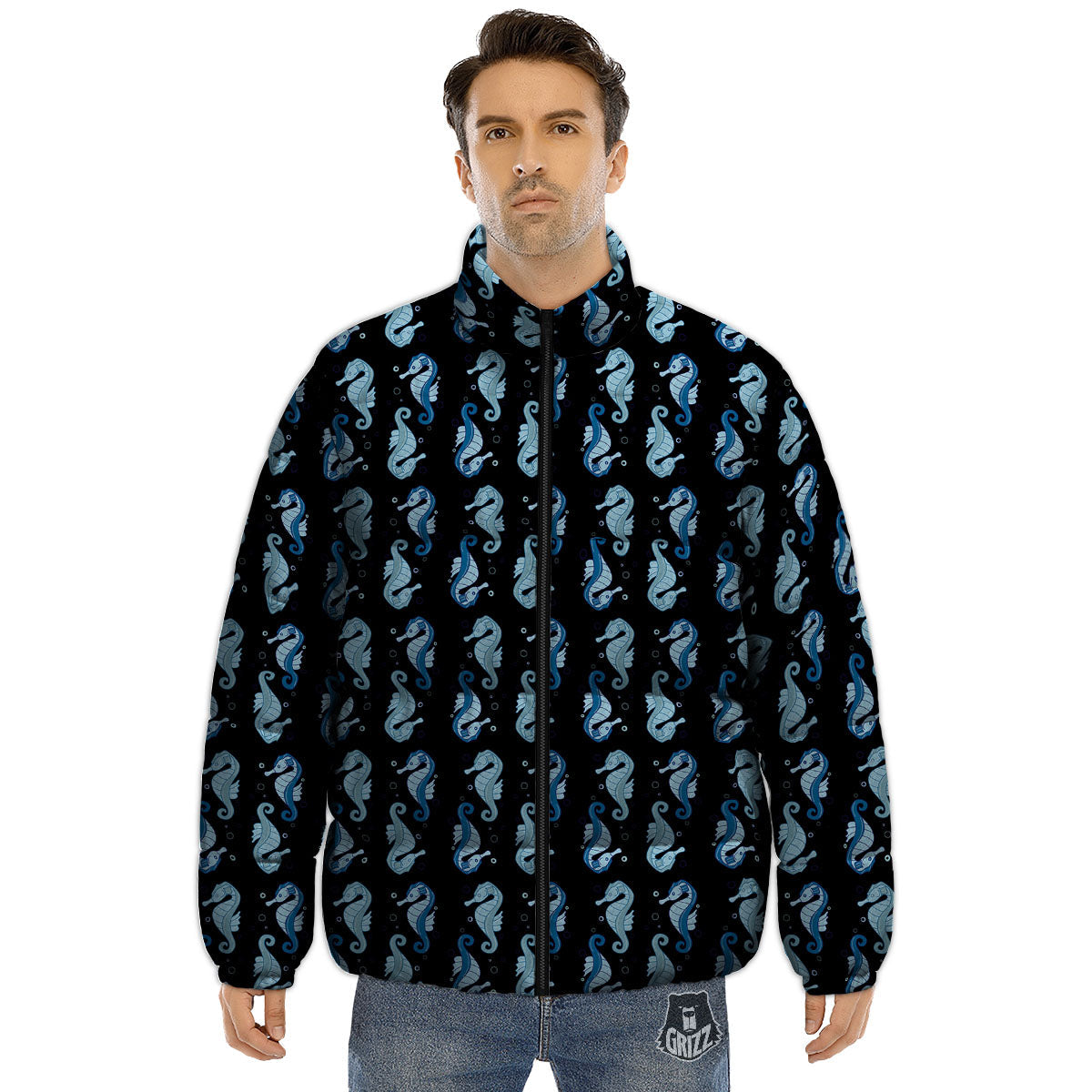 Seahorse Blue Print Pattern Puffer Jacket-grizzshop