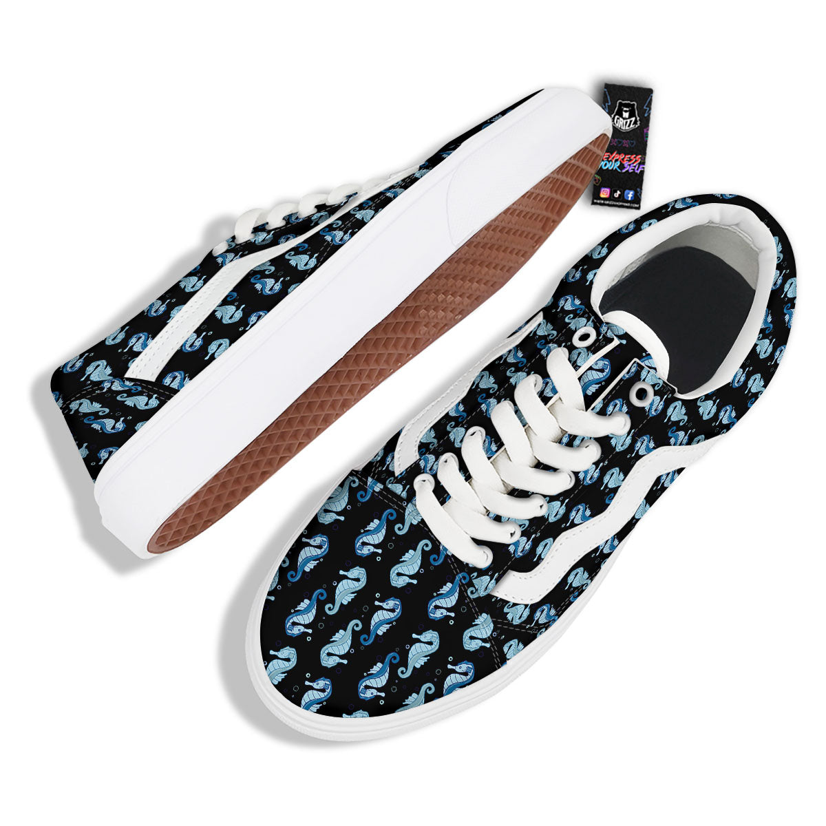 Seahorse Blue Print Pattern Skate Shoes-grizzshop