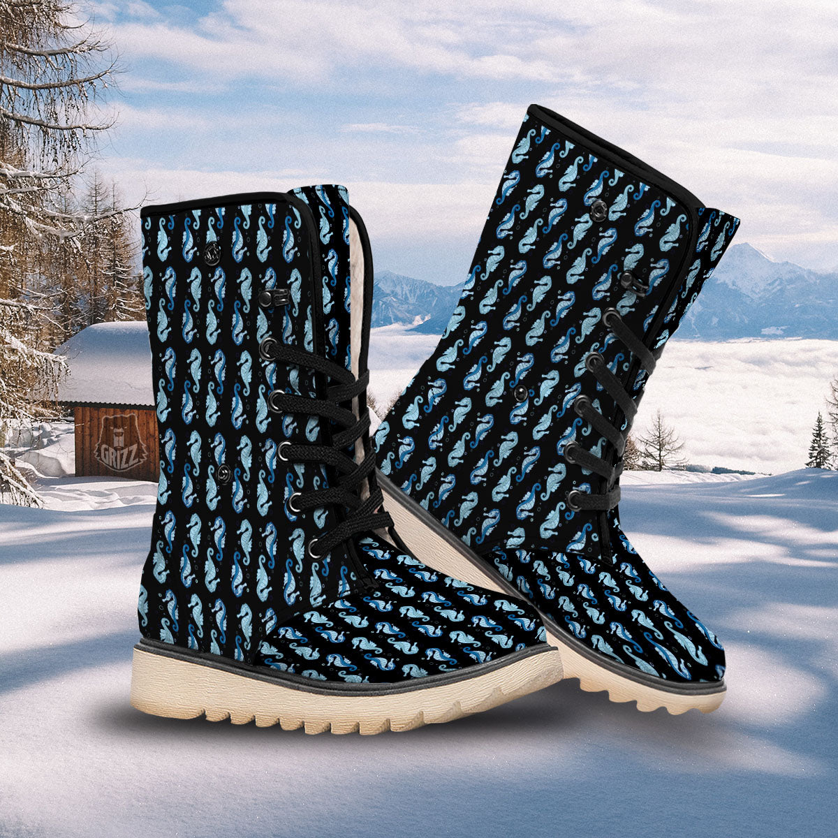 Seahorse Blue Print Pattern Snow Boots-grizzshop