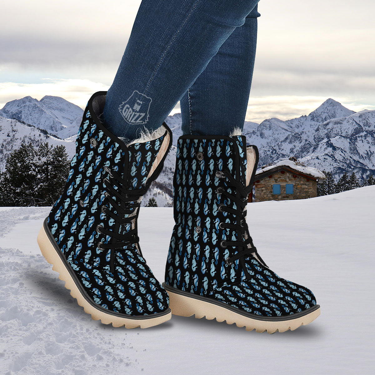 Seahorse Blue Print Pattern Snow Boots-grizzshop
