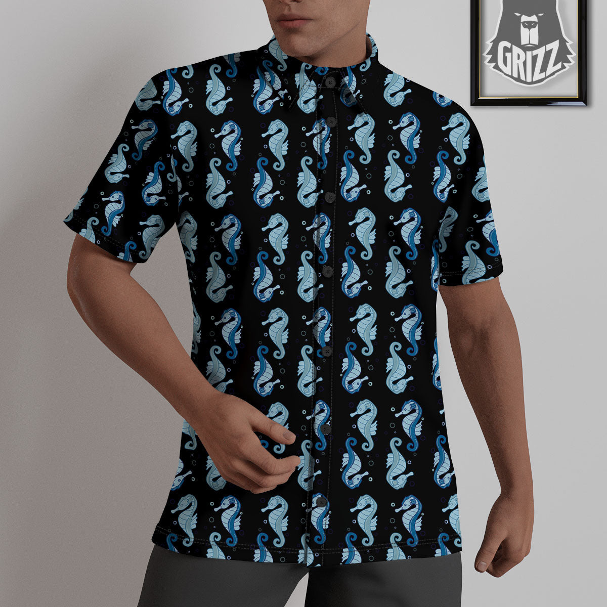 Seahorse Blue Print Pattern Untucked Shirts-grizzshop