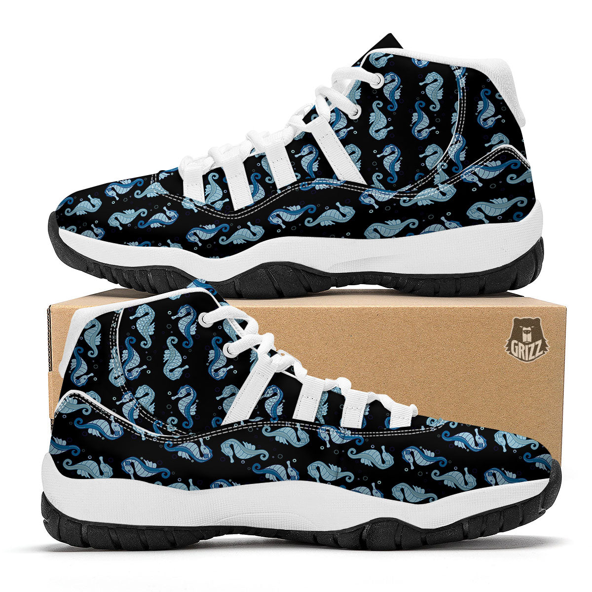 Seahorse Blue Print Pattern White Bball Shoes-grizzshop
