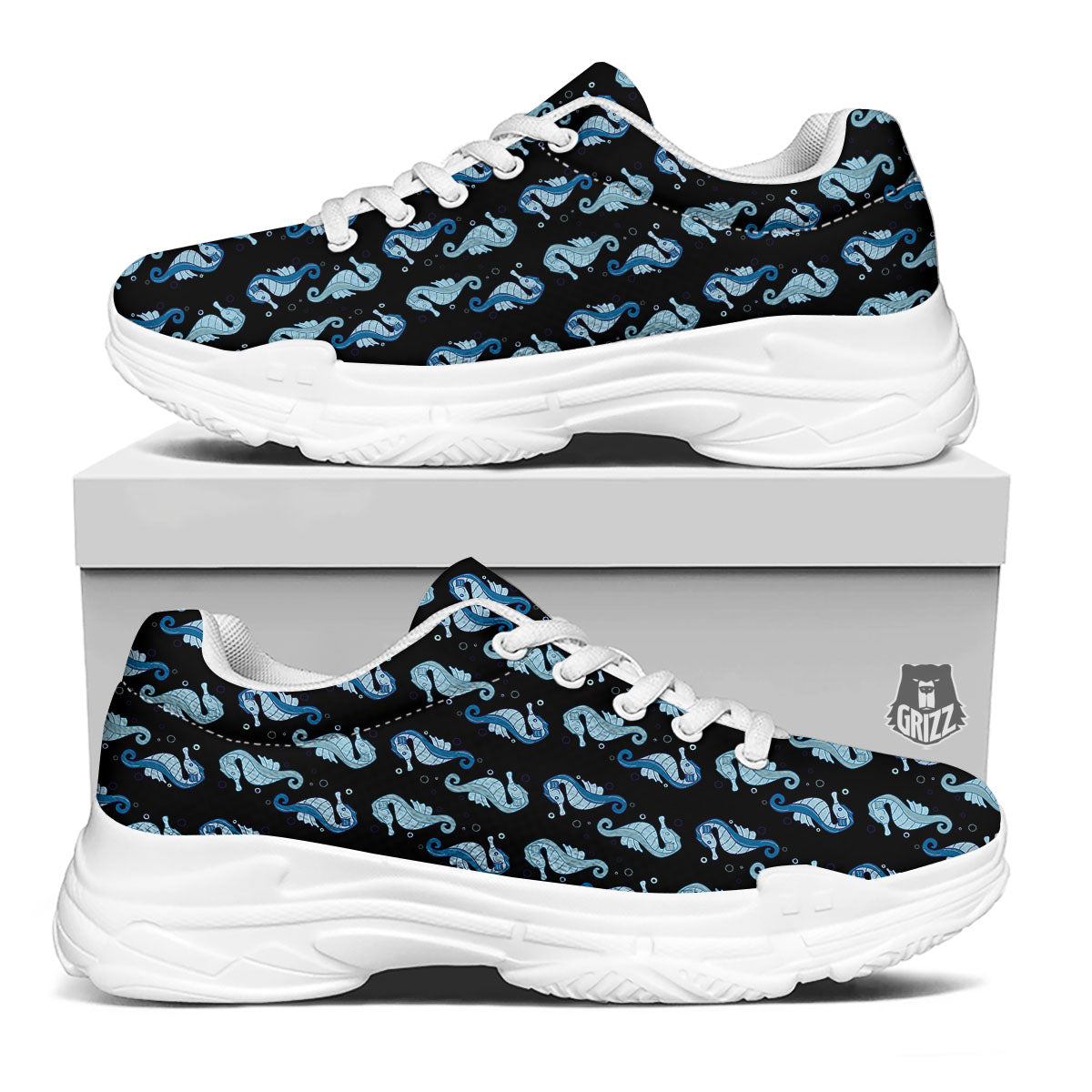 Seahorse Blue Print Pattern White Chunky Shoes-grizzshop