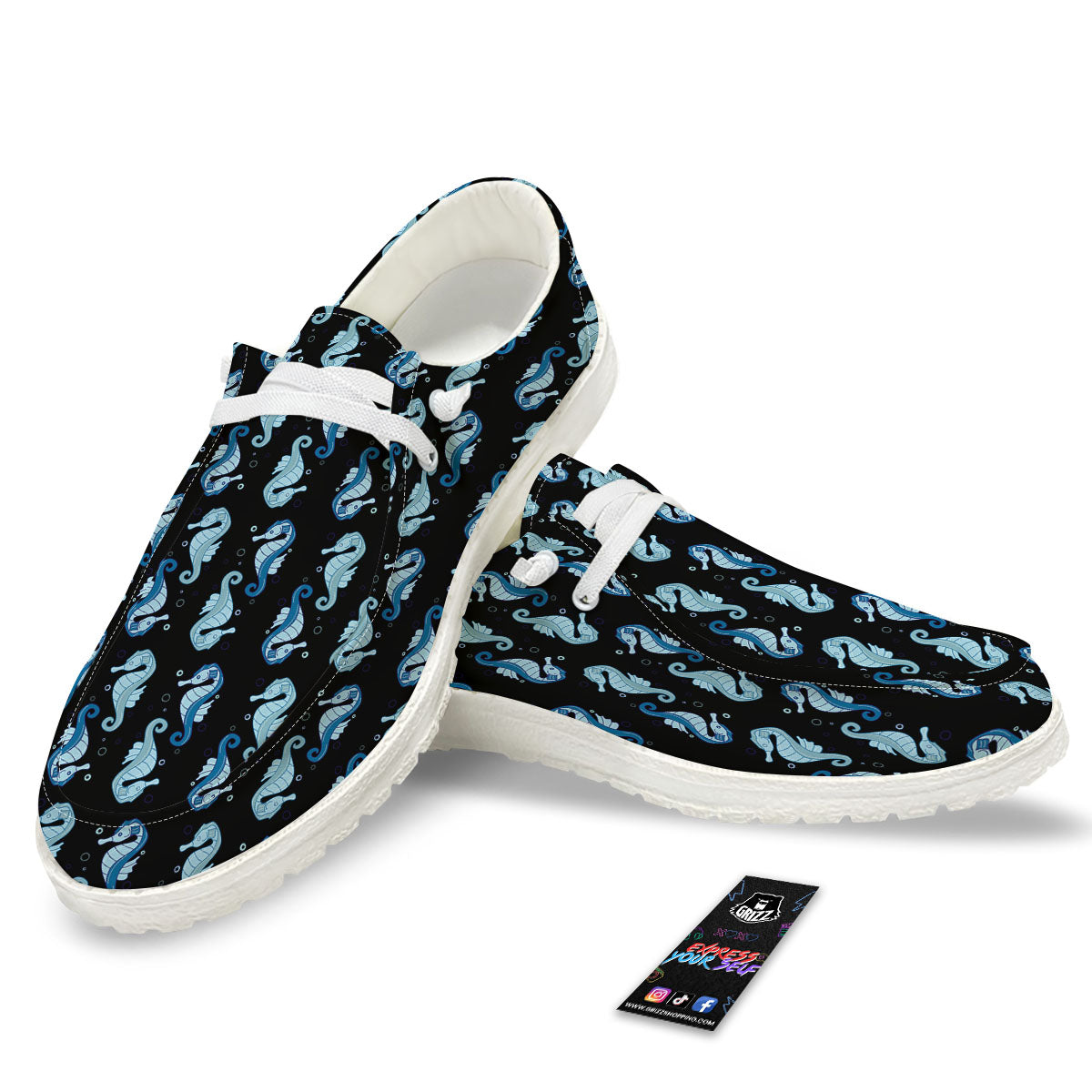 Seahorse Blue Print Pattern White Loafers-grizzshop