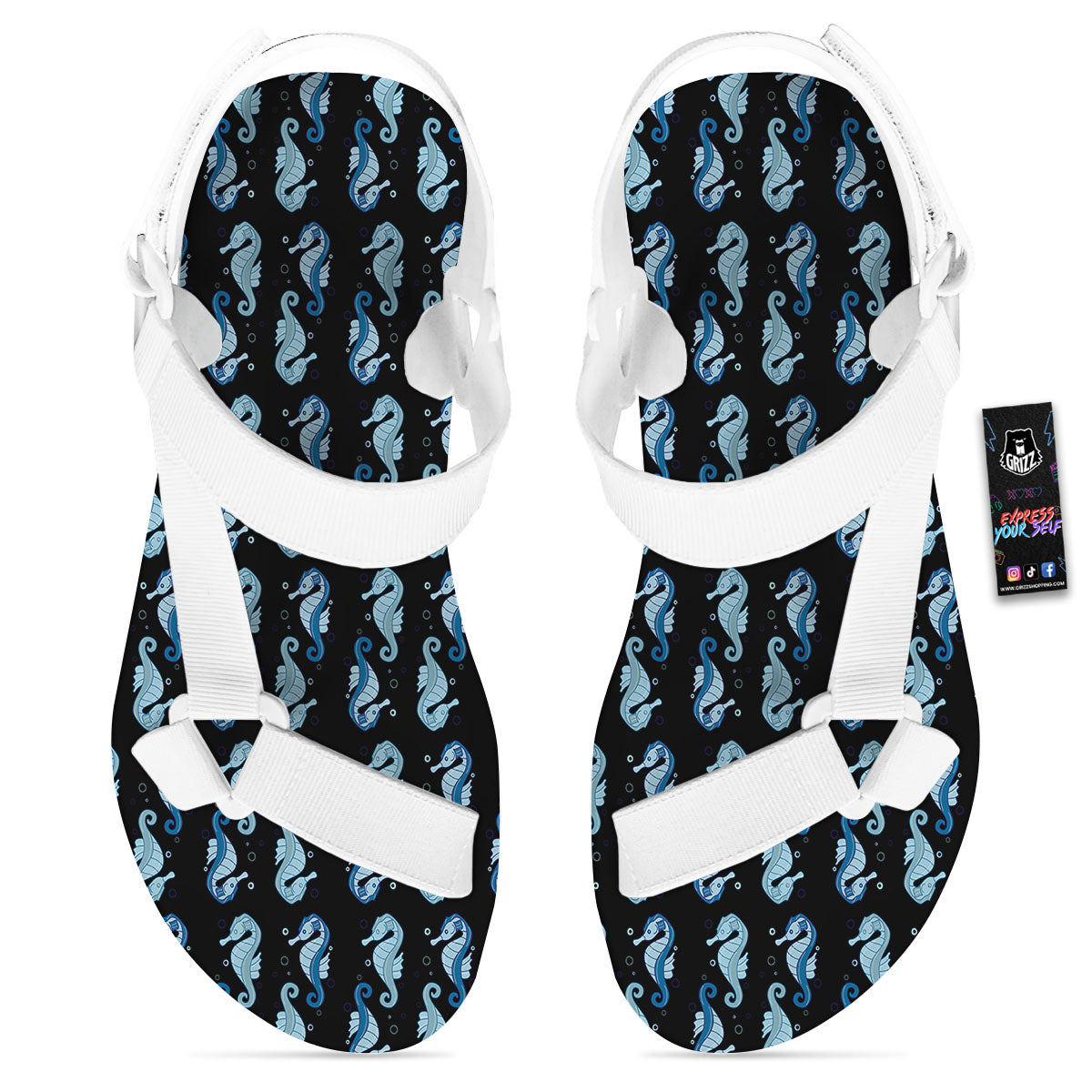 Seahorse Blue Print Pattern White Open Toe Sandals-grizzshop
