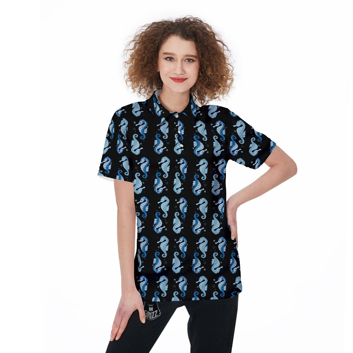 Seahorse Blue Print Pattern Women's Golf Shirts-grizzshop