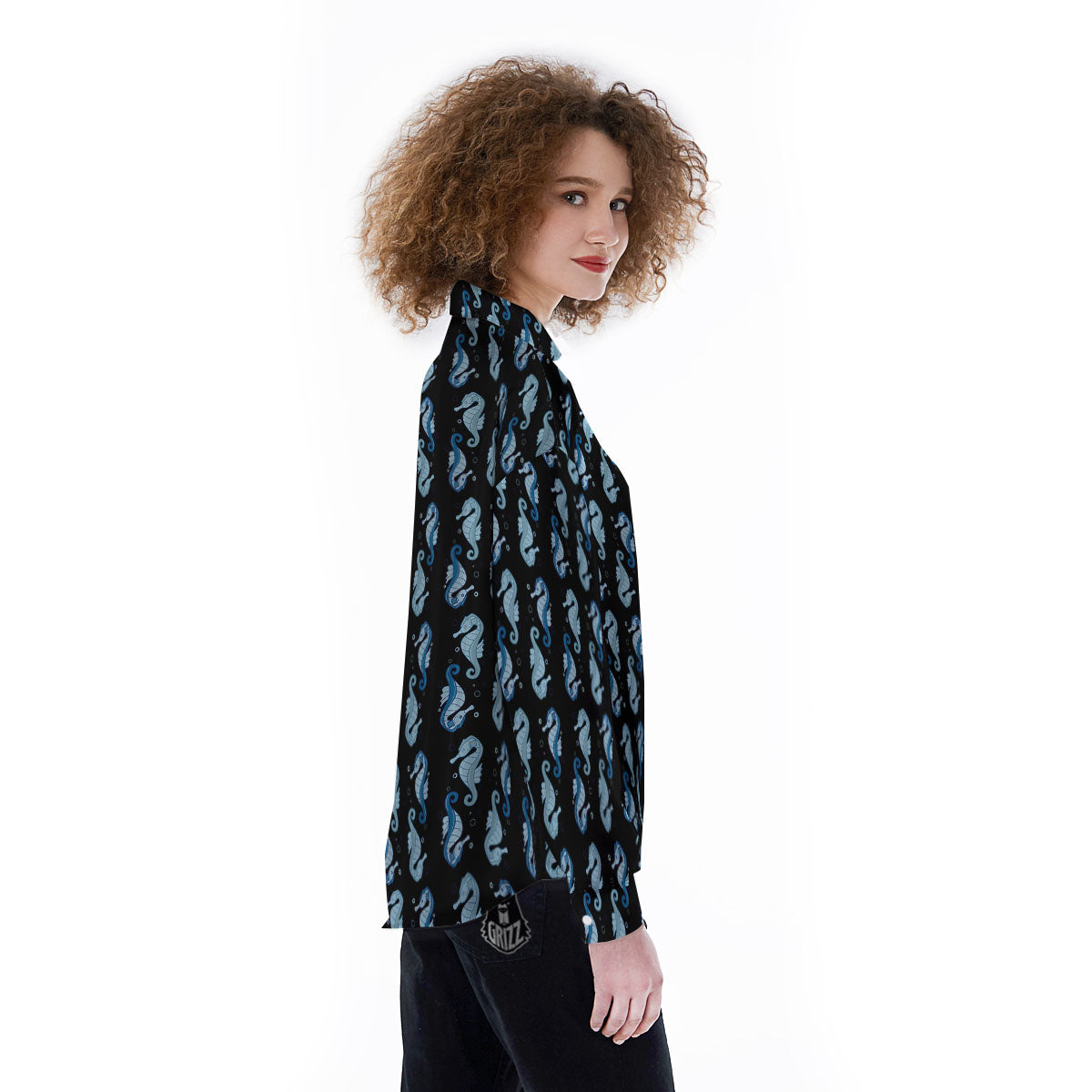 Seahorse Blue Print Pattern Women's Long Sleeve Shirts-grizzshop