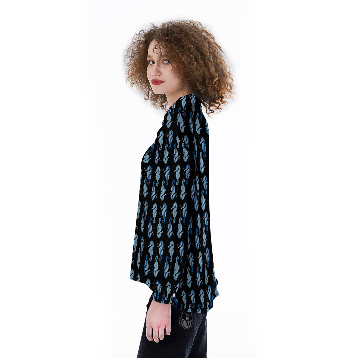 Seahorse Blue Print Pattern Women's Long Sleeve Shirts-grizzshop