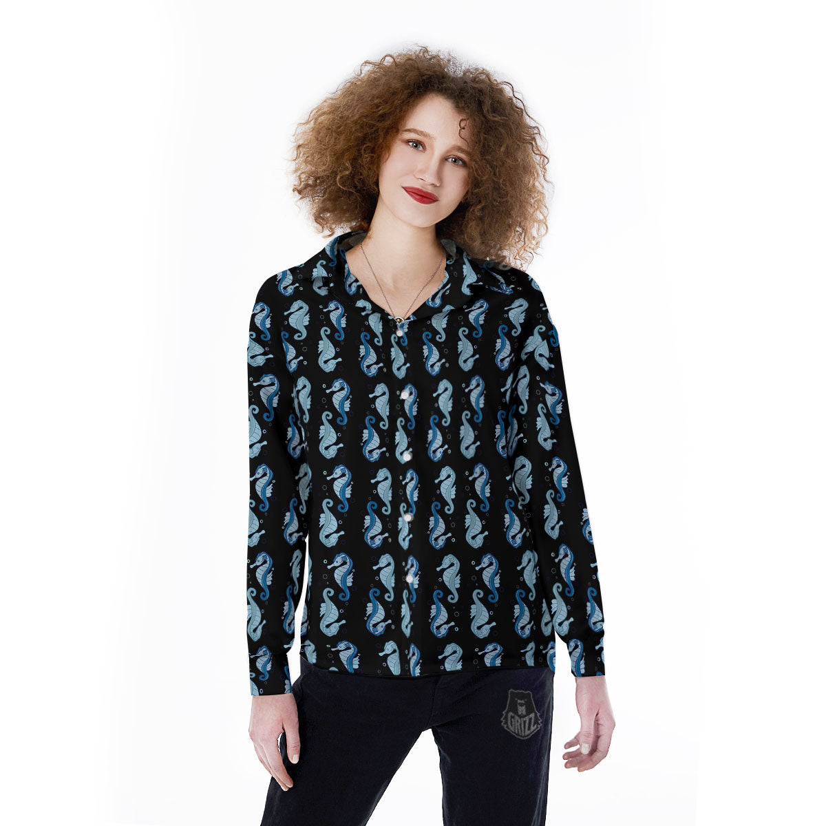 Seahorse Blue Print Pattern Women's Long Sleeve Shirts-grizzshop
