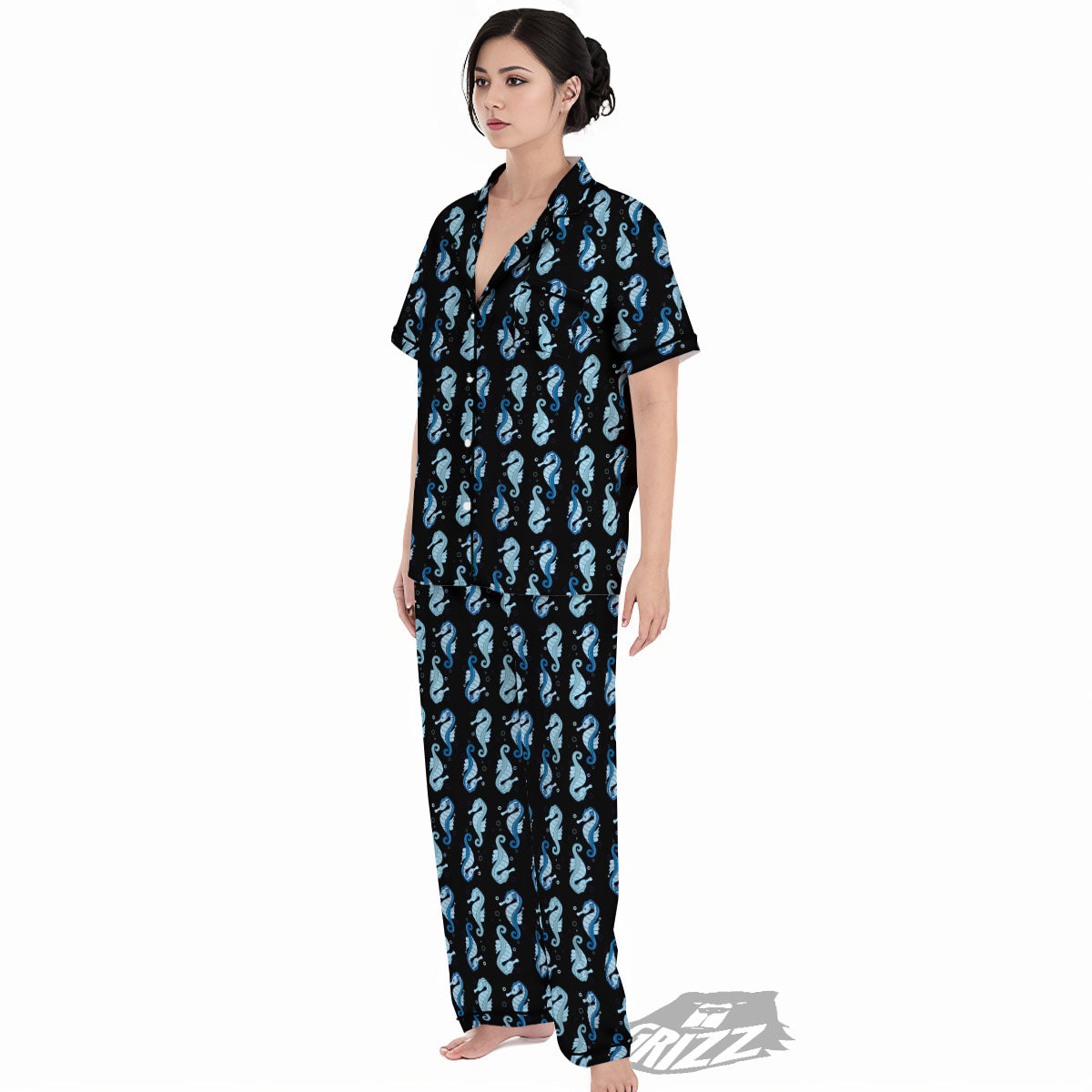 Seahorse Blue Print Pattern Women's Pajamas Set-grizzshop