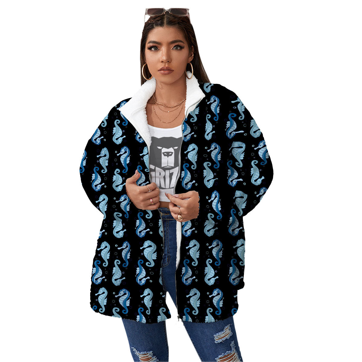 Seahorse Blue Print Pattern Women's Sherpa Jacket-grizzshop