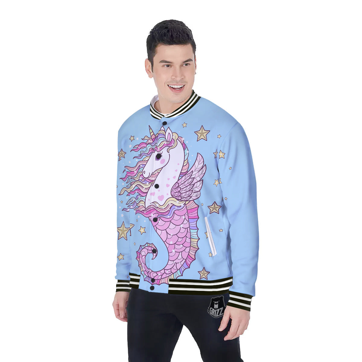 Seahorse Colorful Print Baseball Jacket-grizzshop