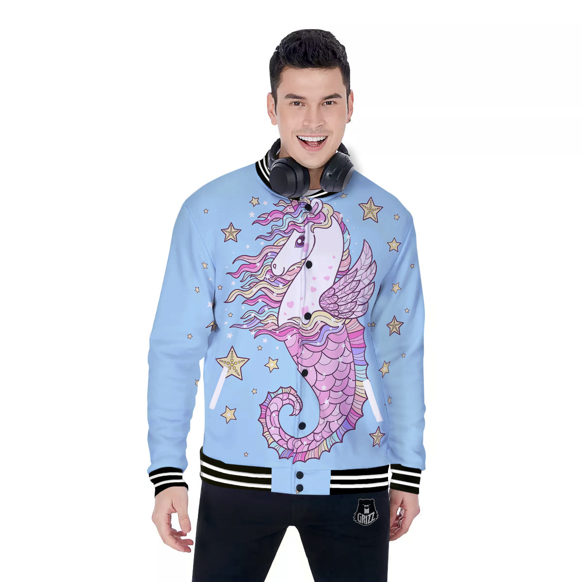 Seahorse Colorful Print Baseball Jacket-grizzshop