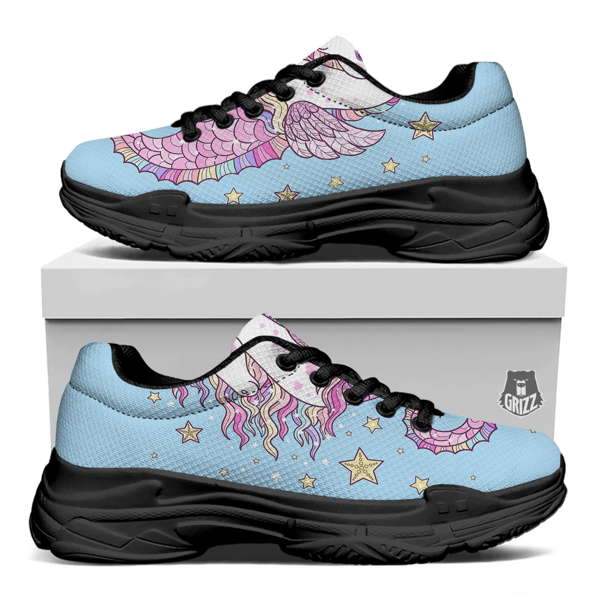 Seahorse Colorful Print Black Chunky Shoes-grizzshop