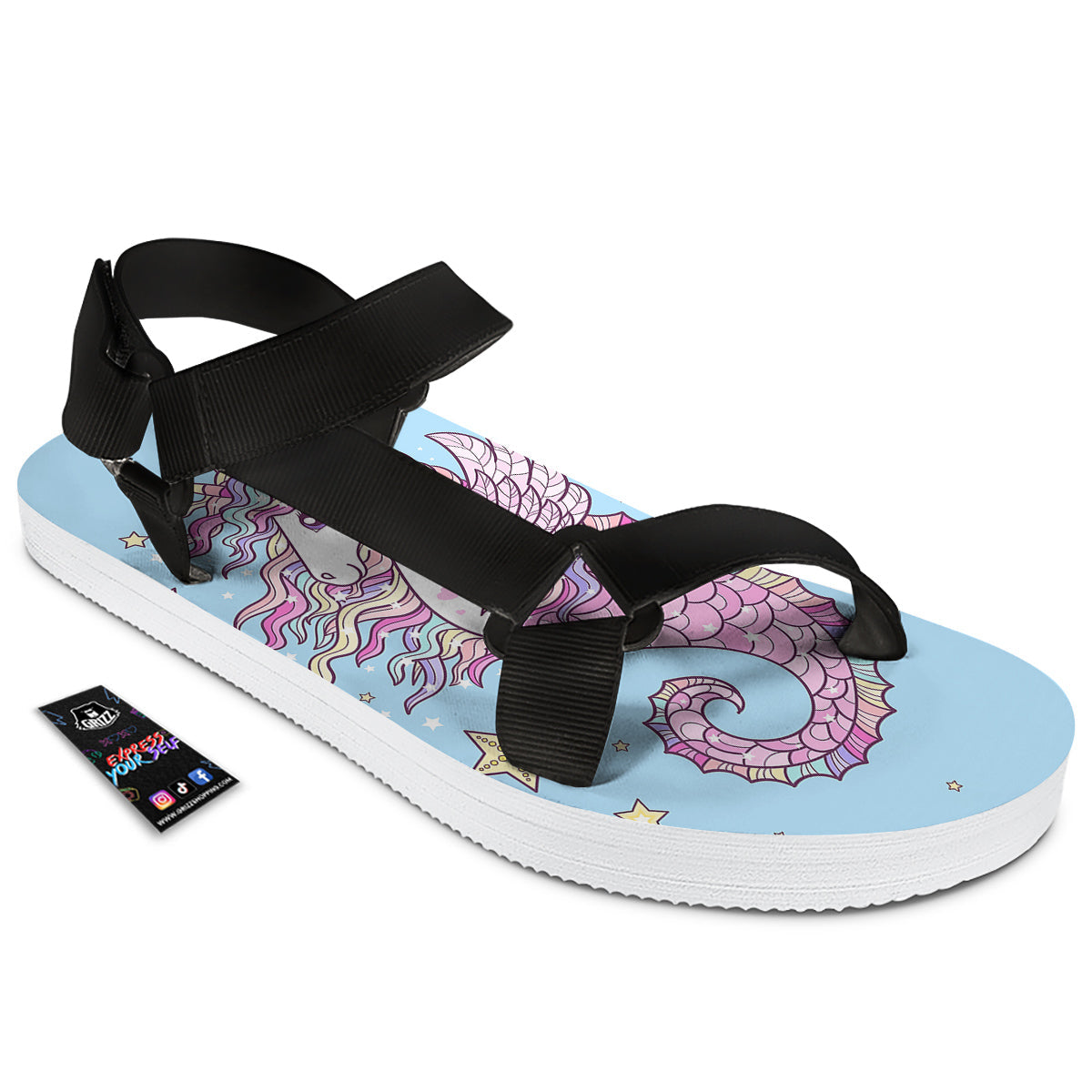 Seahorse Colorful Print Black Open Toe Sandals-grizzshop