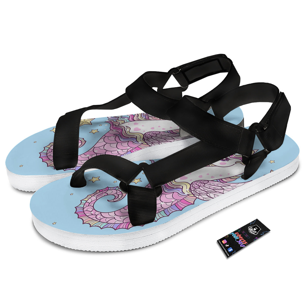Seahorse Colorful Print Black Open Toe Sandals-grizzshop