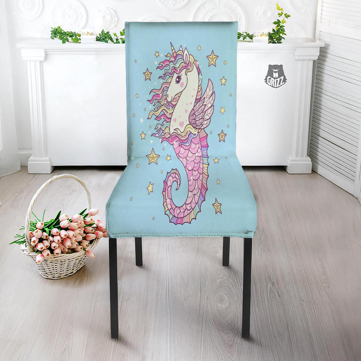 Seahorse Colorful Print Dining Chair Slipcover-grizzshop