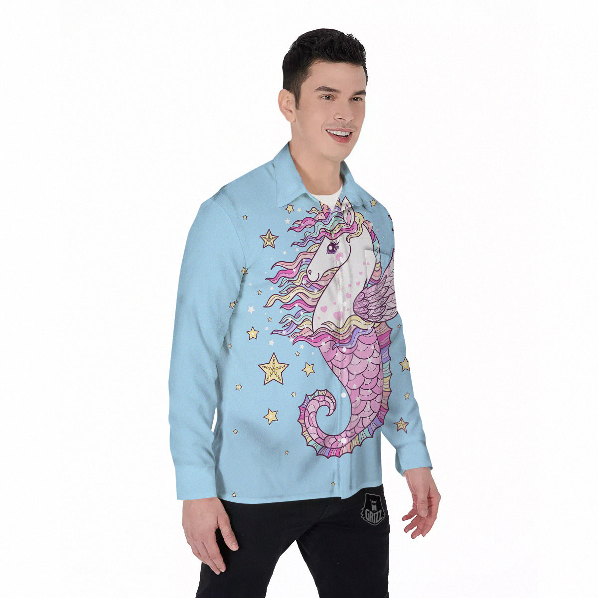 Seahorse Colorful Print Men's Long Sleeve Shirts-grizzshop