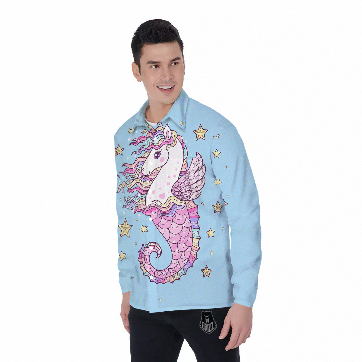 Seahorse Colorful Print Men's Long Sleeve Shirts-grizzshop