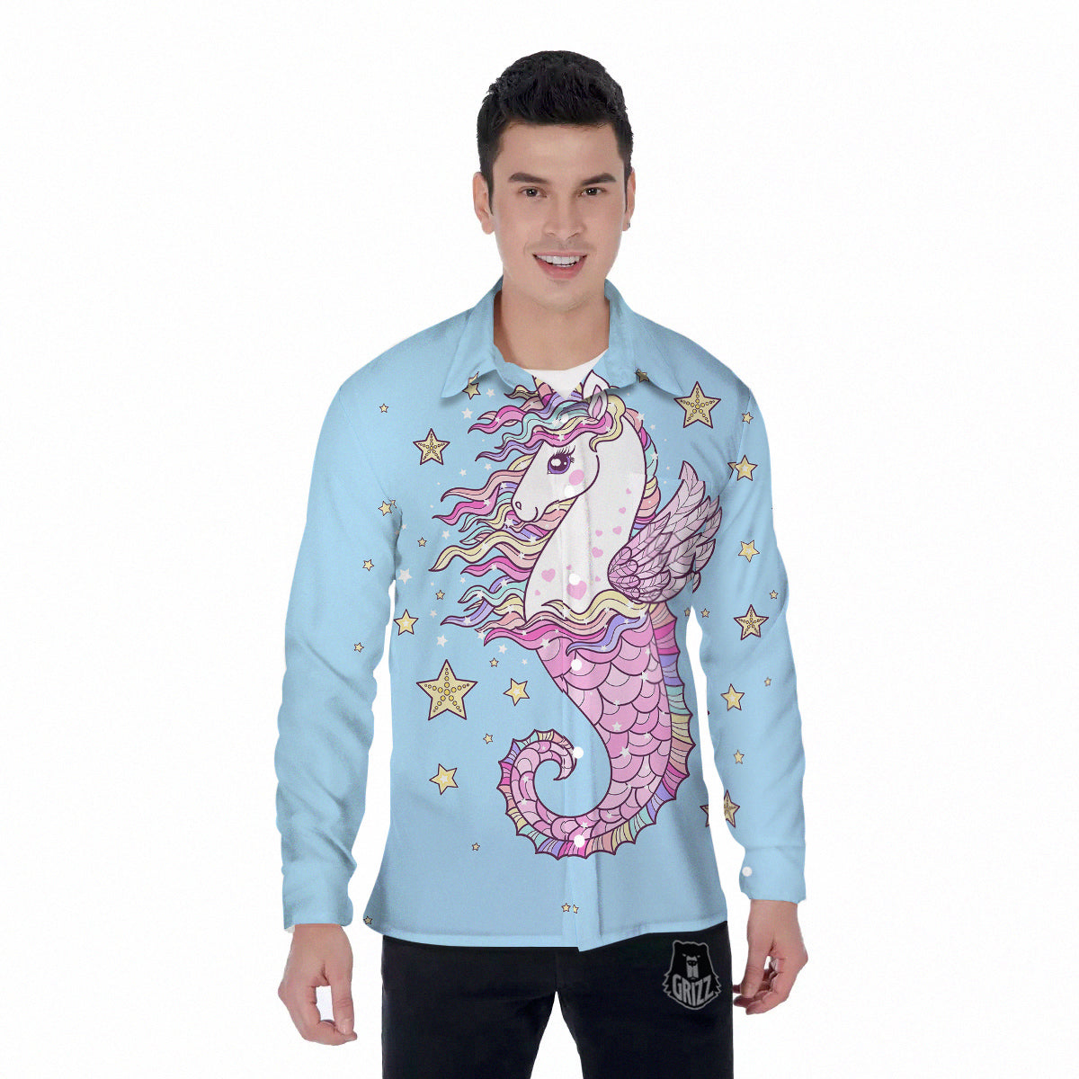 Seahorse Colorful Print Men's Long Sleeve Shirts-grizzshop