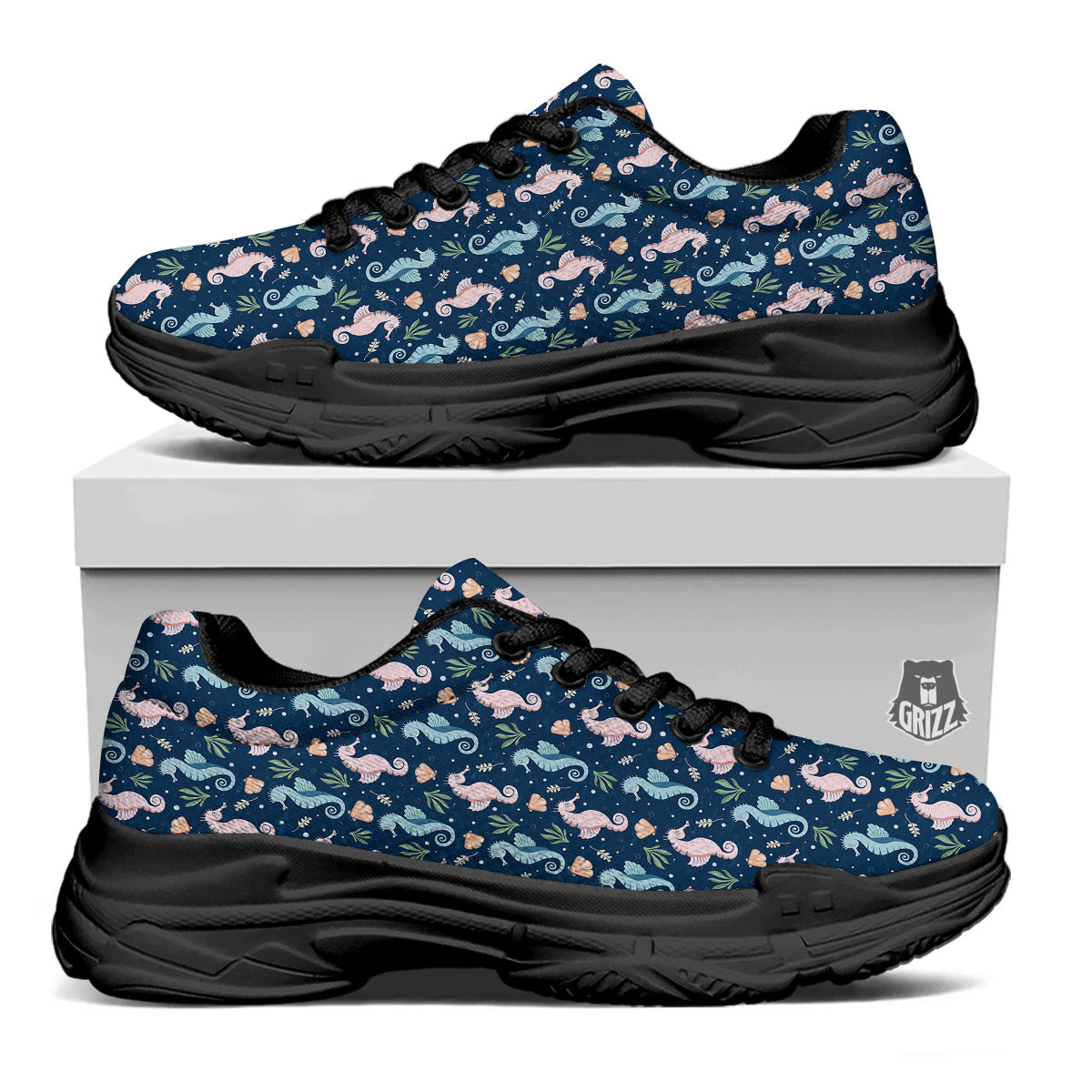 Seahorse Colorful Print Pattern Black Chunky Shoes-grizzshop