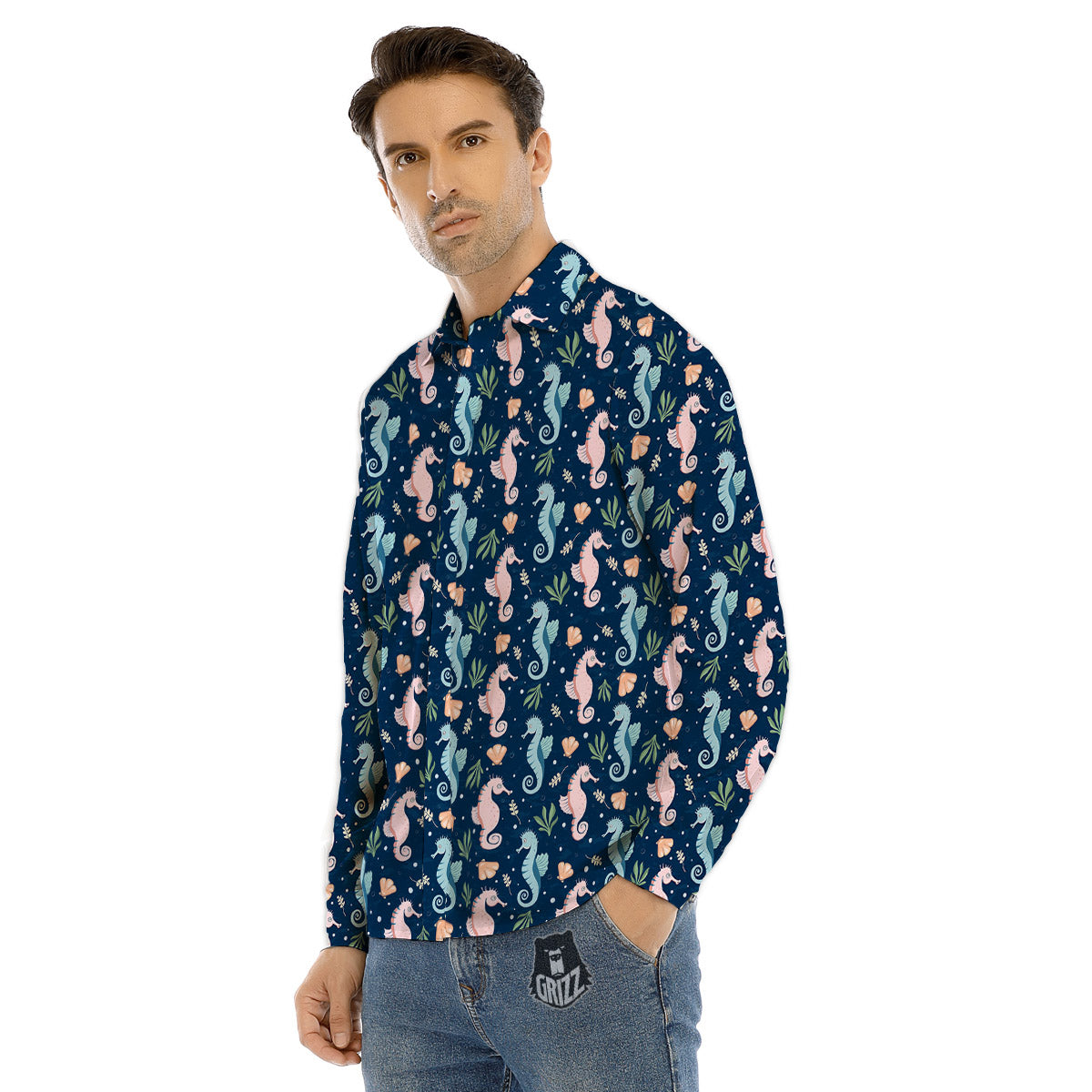 Seahorse Colorful Print Pattern Men's Dress Shirts-grizzshop