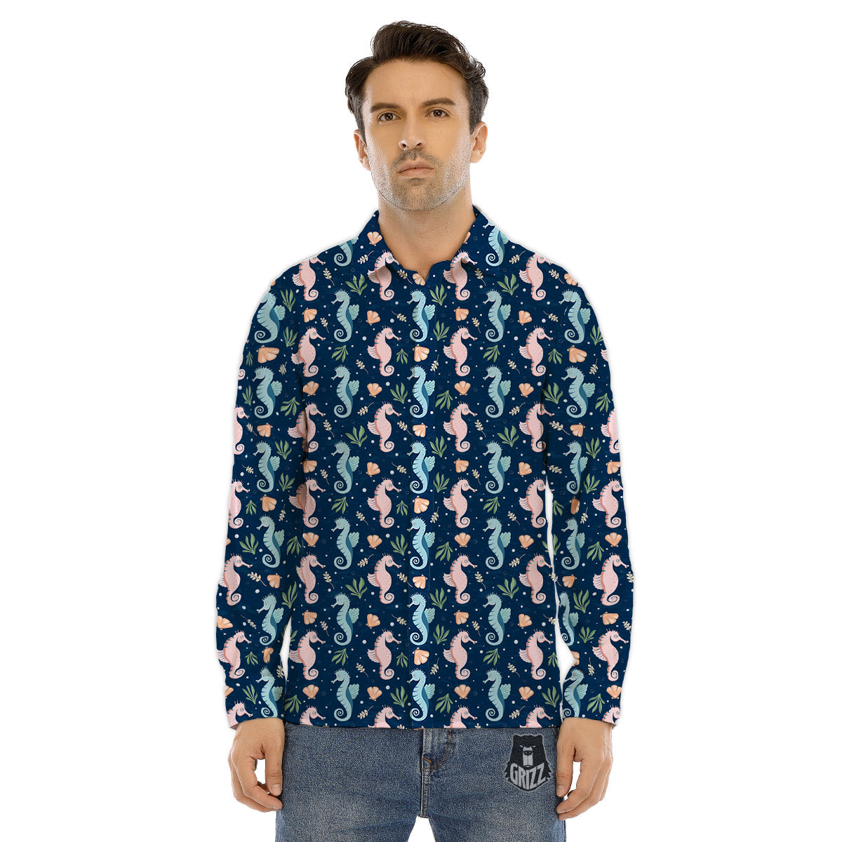 Seahorse Colorful Print Pattern Men's Dress Shirts-grizzshop