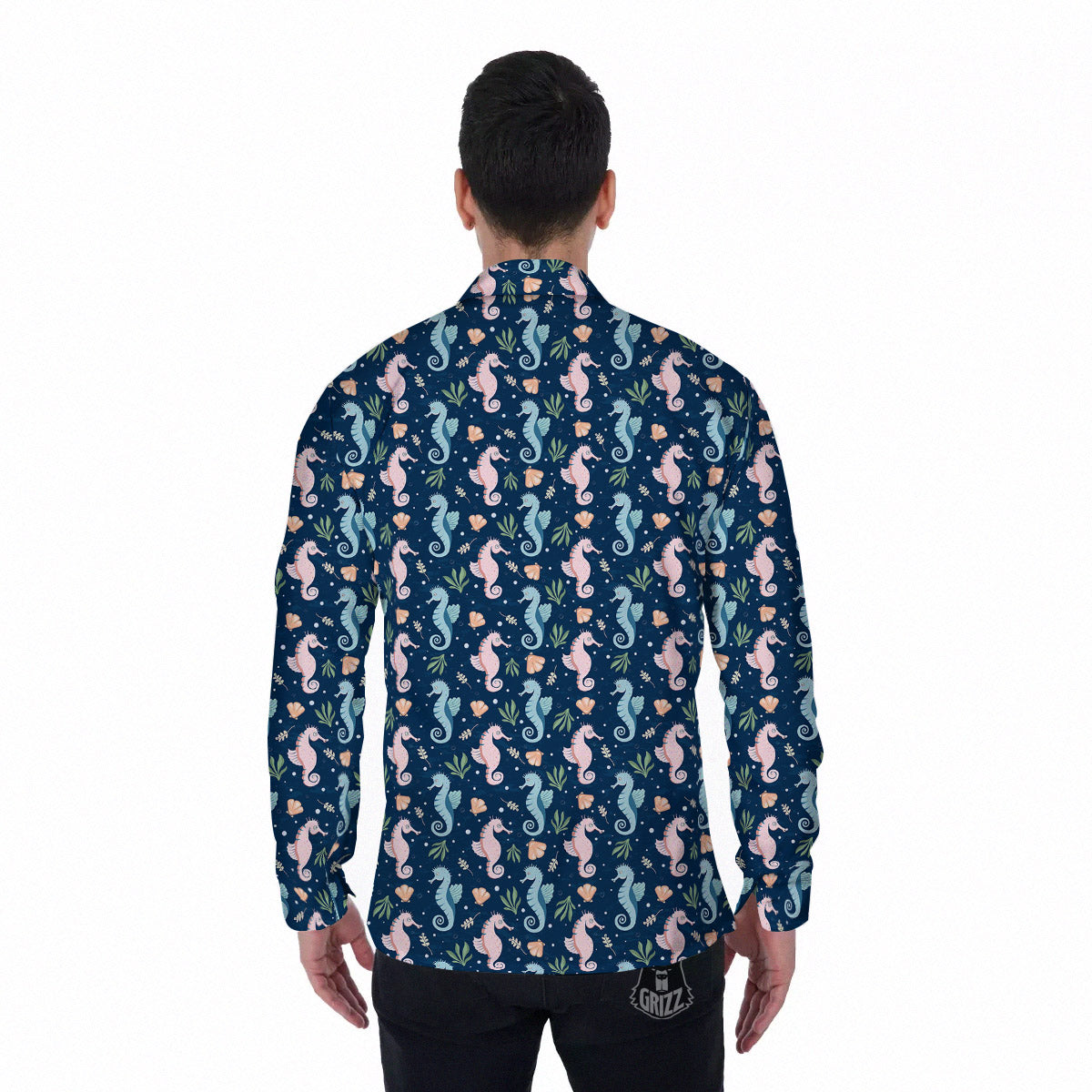 Seahorse Colorful Print Pattern Men's Long Sleeve Shirts-grizzshop
