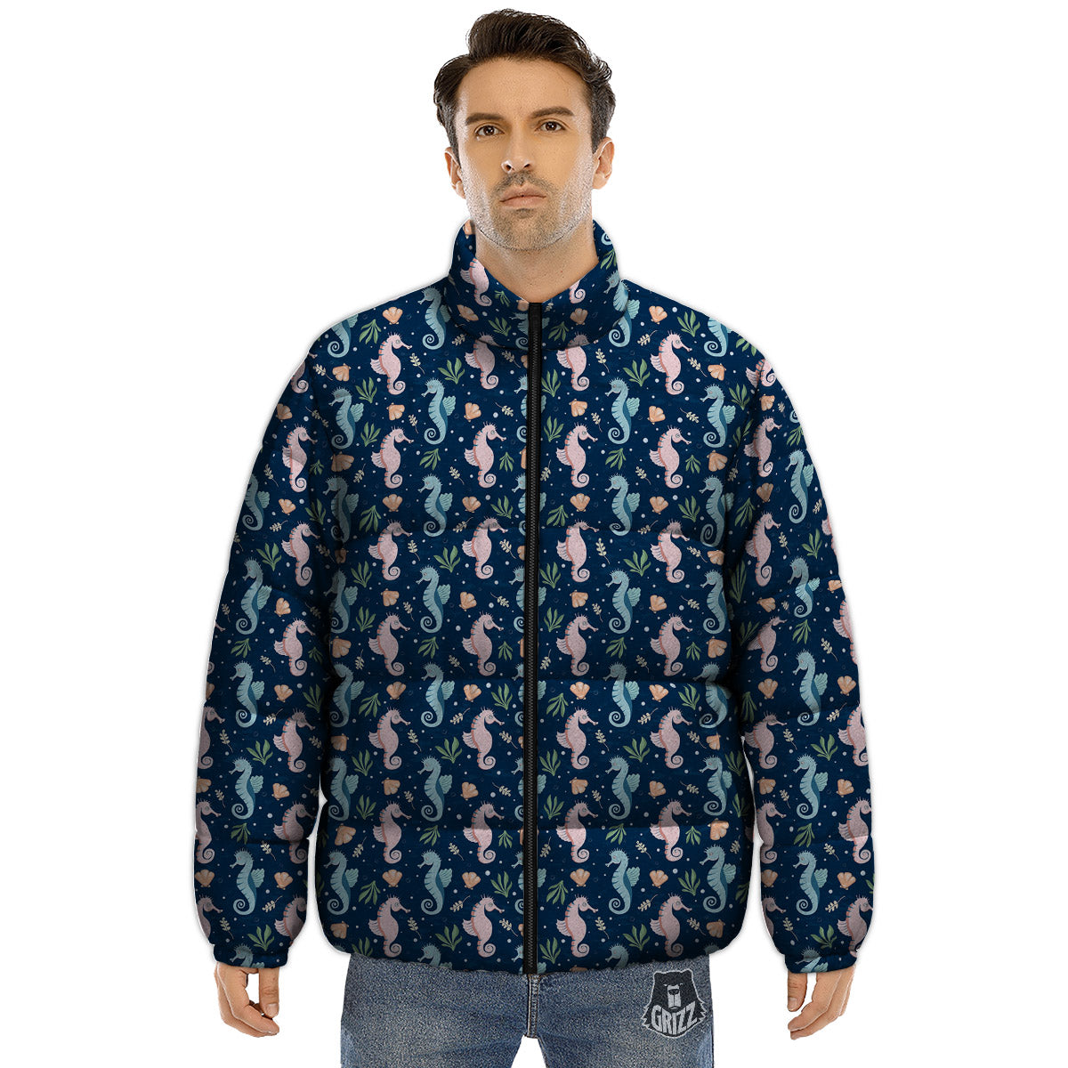 Seahorse Colorful Print Pattern Puffer Jacket-grizzshop