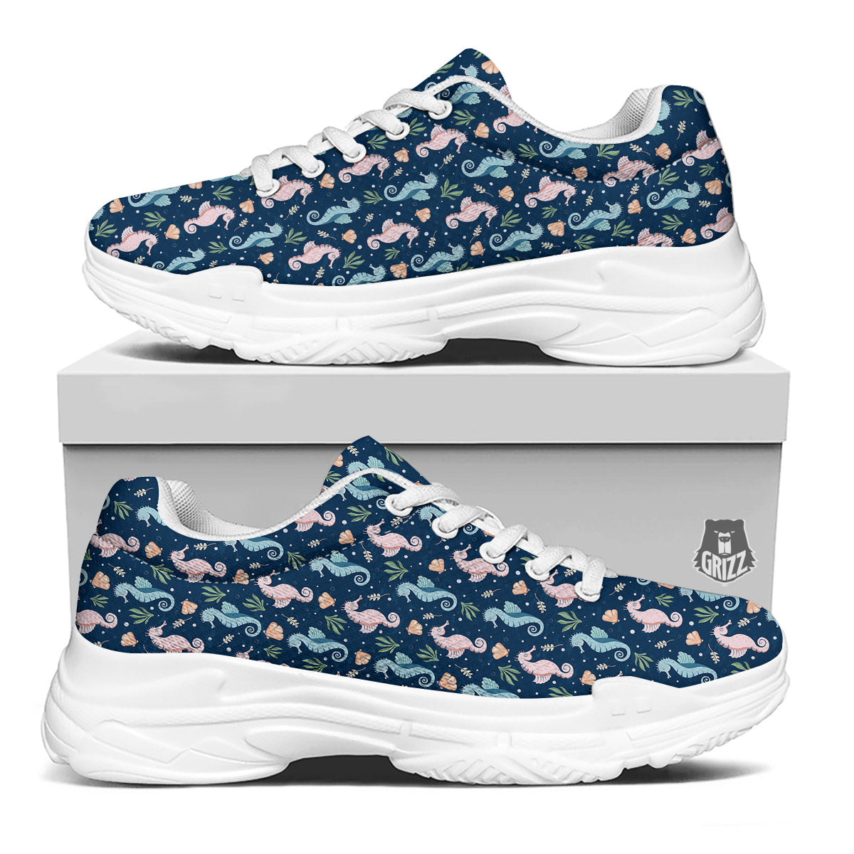 Seahorse Colorful Print Pattern White Chunky Shoes-grizzshop