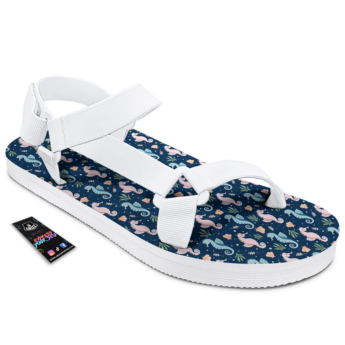 Seahorse Colorful Print Pattern White Open Toe Sandals-grizzshop