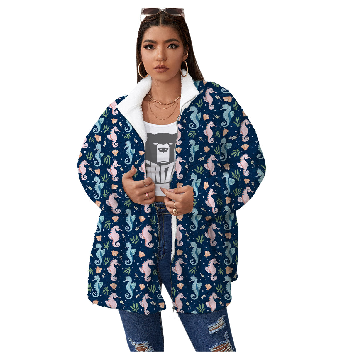 Seahorse Colorful Print Pattern Women's Sherpa Jacket-grizzshop