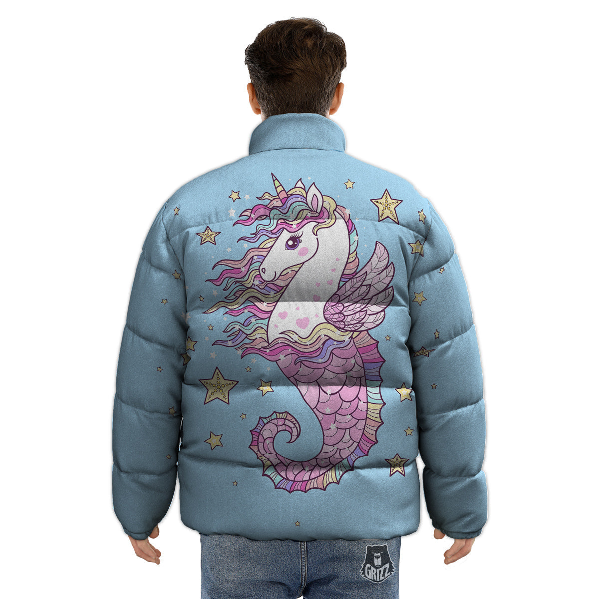 Seahorse Colorful Print Puffer Jacket-grizzshop