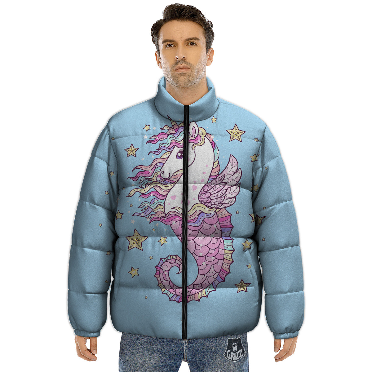 Seahorse Colorful Print Puffer Jacket-grizzshop