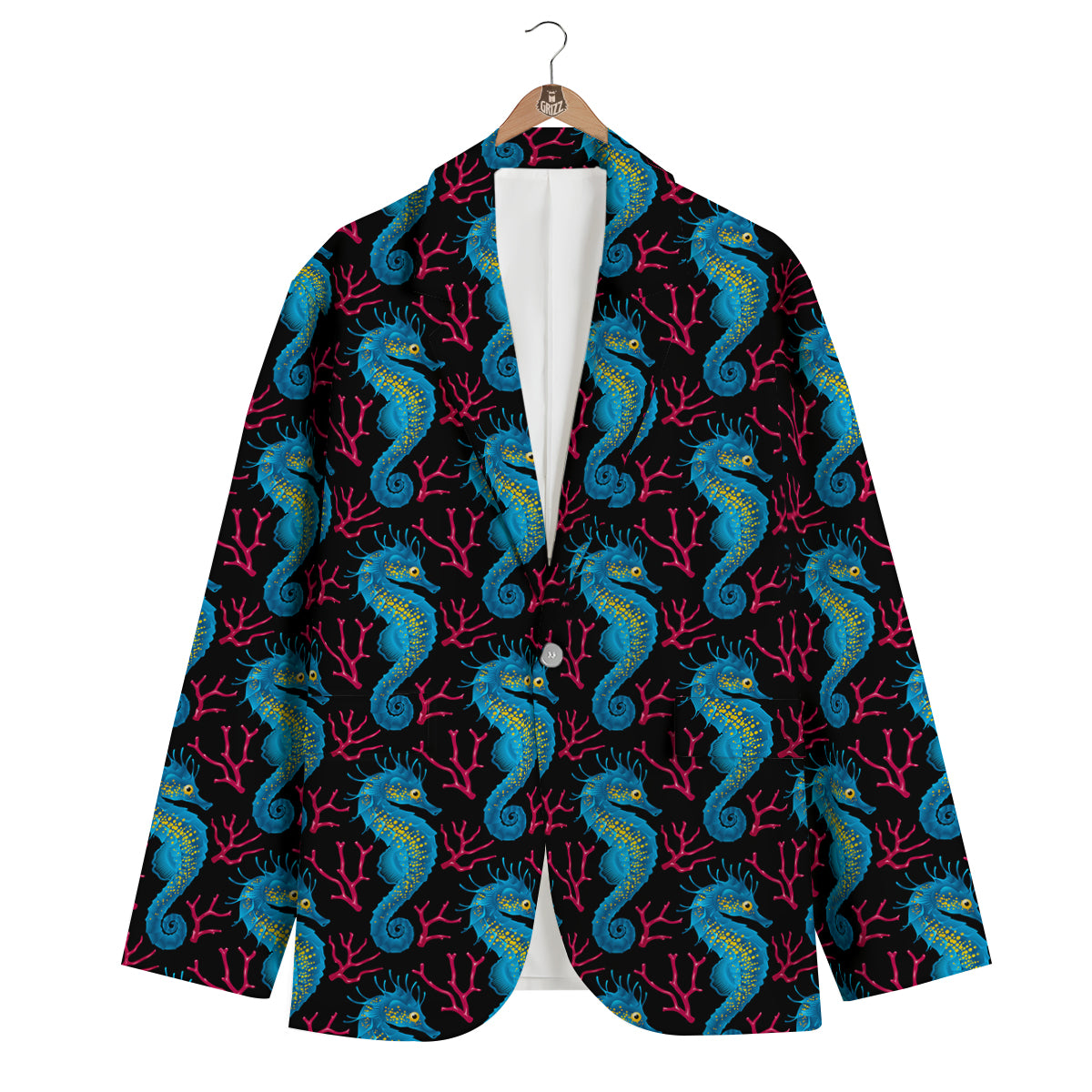 Seahorse Navy Pattern Print Men's Blazer-grizzshop
