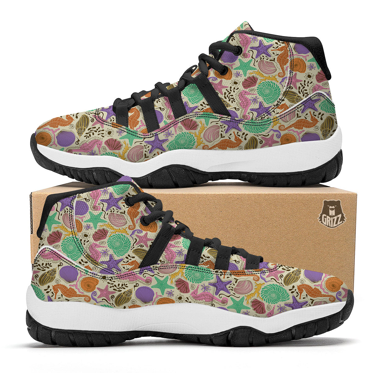 Seahorse Print Pattern Black Bball Shoes-grizzshop