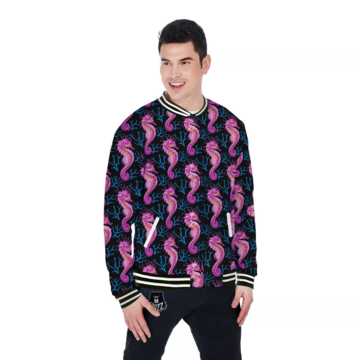 Seahorse Purple Print Pattern Baseball Jacket-grizzshop