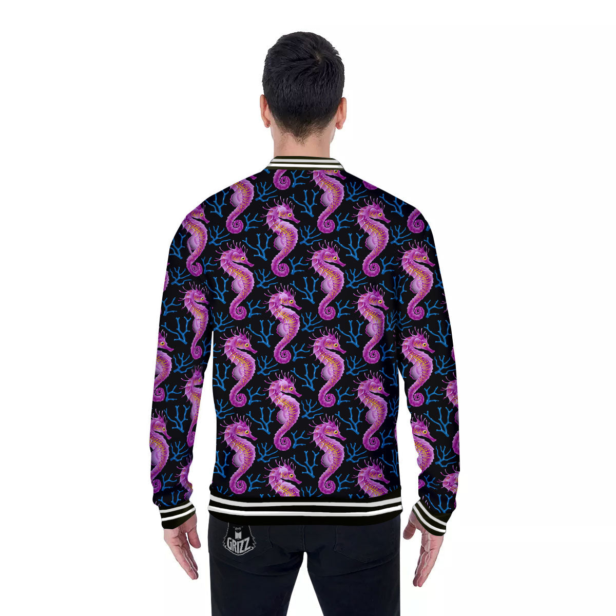Seahorse Purple Print Pattern Baseball Jacket-grizzshop